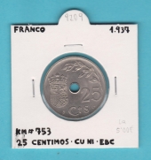 España 25 Céntimos 1.937 Cu Ni KM#753 EBC